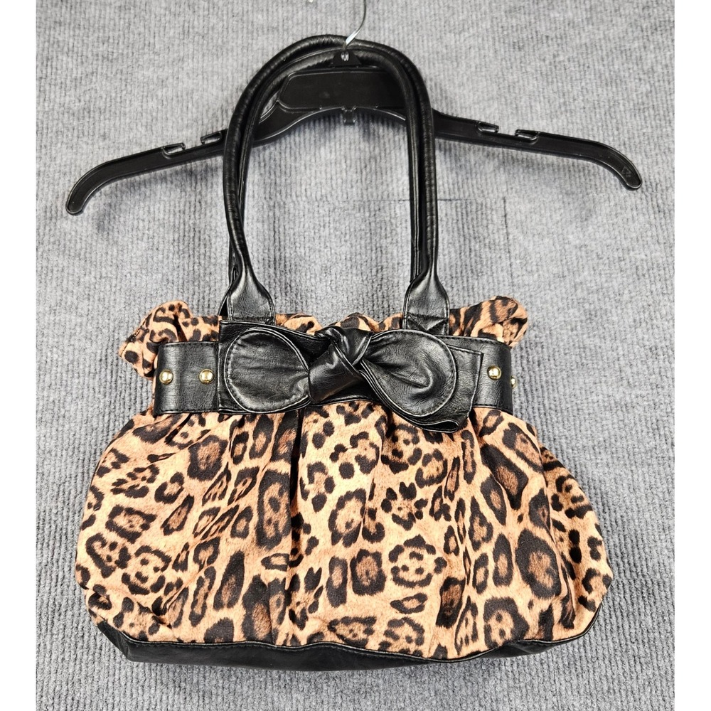Brash Leopard Print Shoulder Bag Black Bow Red Lining Gold Studs Y2K Style